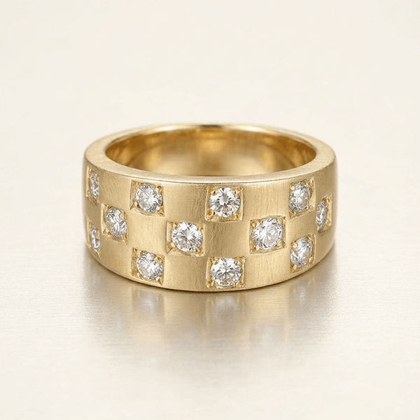 Checkerboard Design Yellow Gold Round Cut White Sapphire Half Eternity Wedding Band For Women