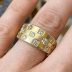 Checkerboard Design Yellow Gold Round Cut White Sapphire Half Eternity Wedding Band For Women
