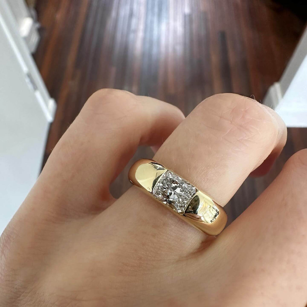 Solitaire Yellow Gold Channel Setting Radiant Cut White Sapphire Engagement Ring
