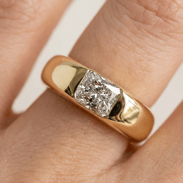 Solitaire Yellow Gold Channel Setting Radiant Cut White Sapphire Engagement Ring