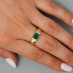 Luxury Jewelry Half Bezel Yellow Gold Emerald Cut Emerald Sapphire Engagement Ring