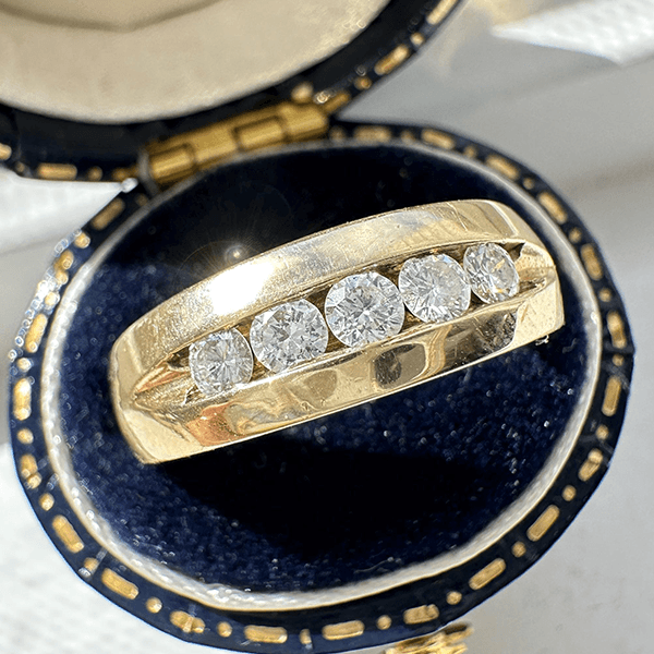 Elegant Yellow Gold Channel Five Stone Round Cut White Sapphire Half Eternity Wedding Band For Women