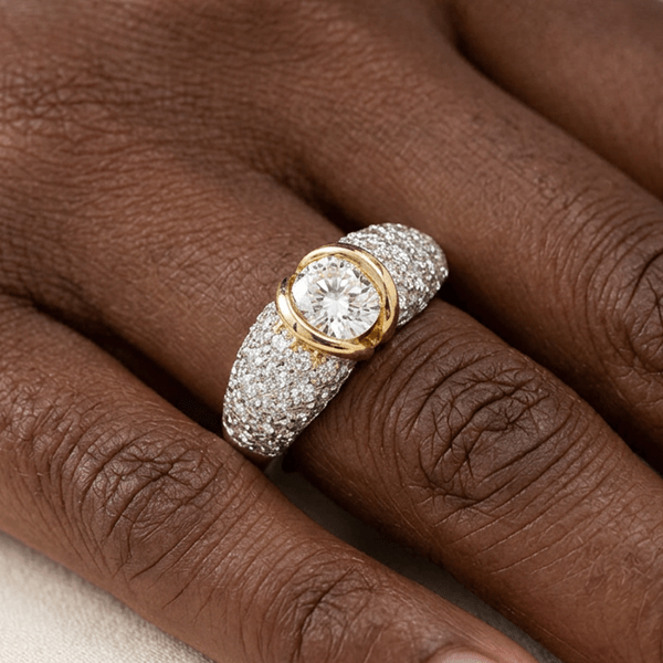 Two Tone Bezel Round Cut White Sapphire Pave Half Eternity Wedding Band For Women