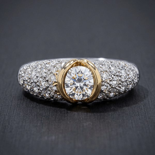 Two Tone Bezel Round Cut White Sapphire Pave Half Eternity Wedding Band For Women