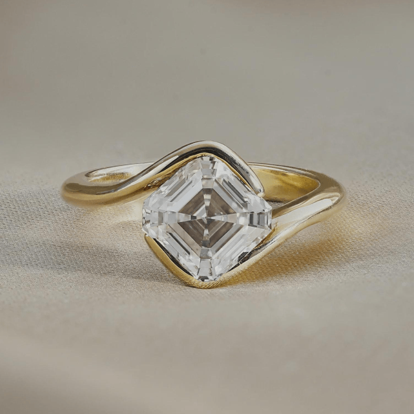 Solitaire Yellow Gold Bezel Asscher Cut White Sapphire Engagement Ring