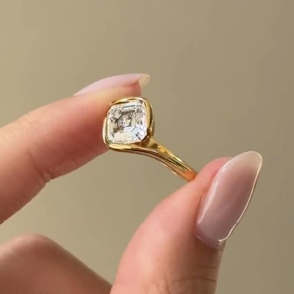 Solitaire Yellow Gold Bezel Asscher Cut White Sapphire Engagement Ring