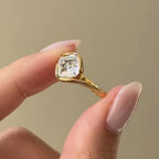 Solitaire Yellow Gold Bezel Asscher Cut White Sapphire Engagement Ring