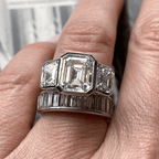Classic Bezel Three Stone Emerald Cut White Sapphire Engagement Ring