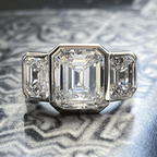 Classic Bezel Three Stone Emerald Cut White Sapphire Engagement Ring