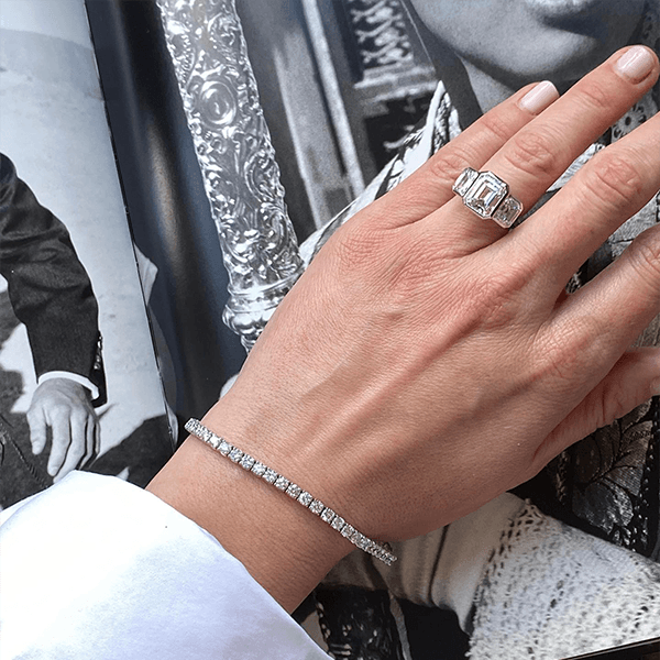 Classic Bezel Three Stone Emerald Cut White Sapphire Engagement Ring