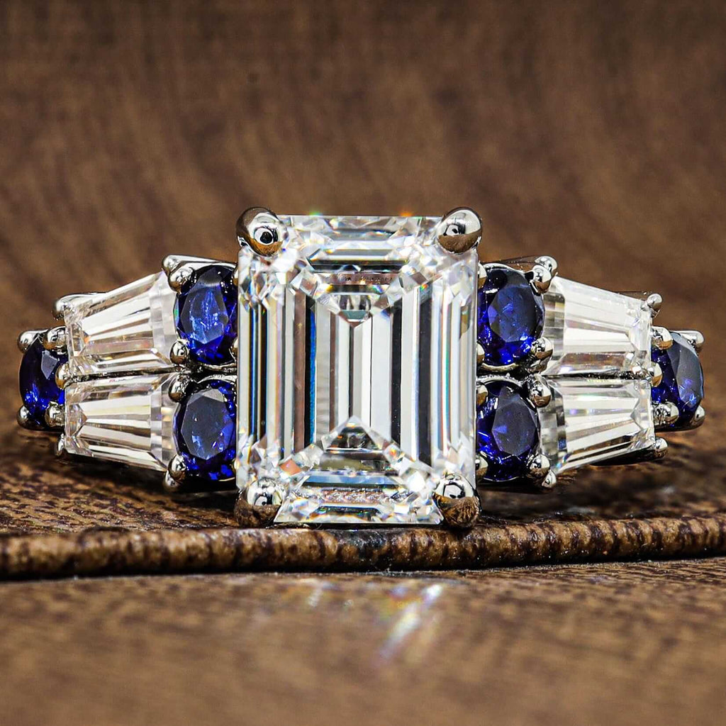 Vintage Emerald & Round Cut White & Blue Sapphire Engagement Ring