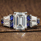 Vintage Emerald & Round Cut White & Blue Sapphire Engagement Ring