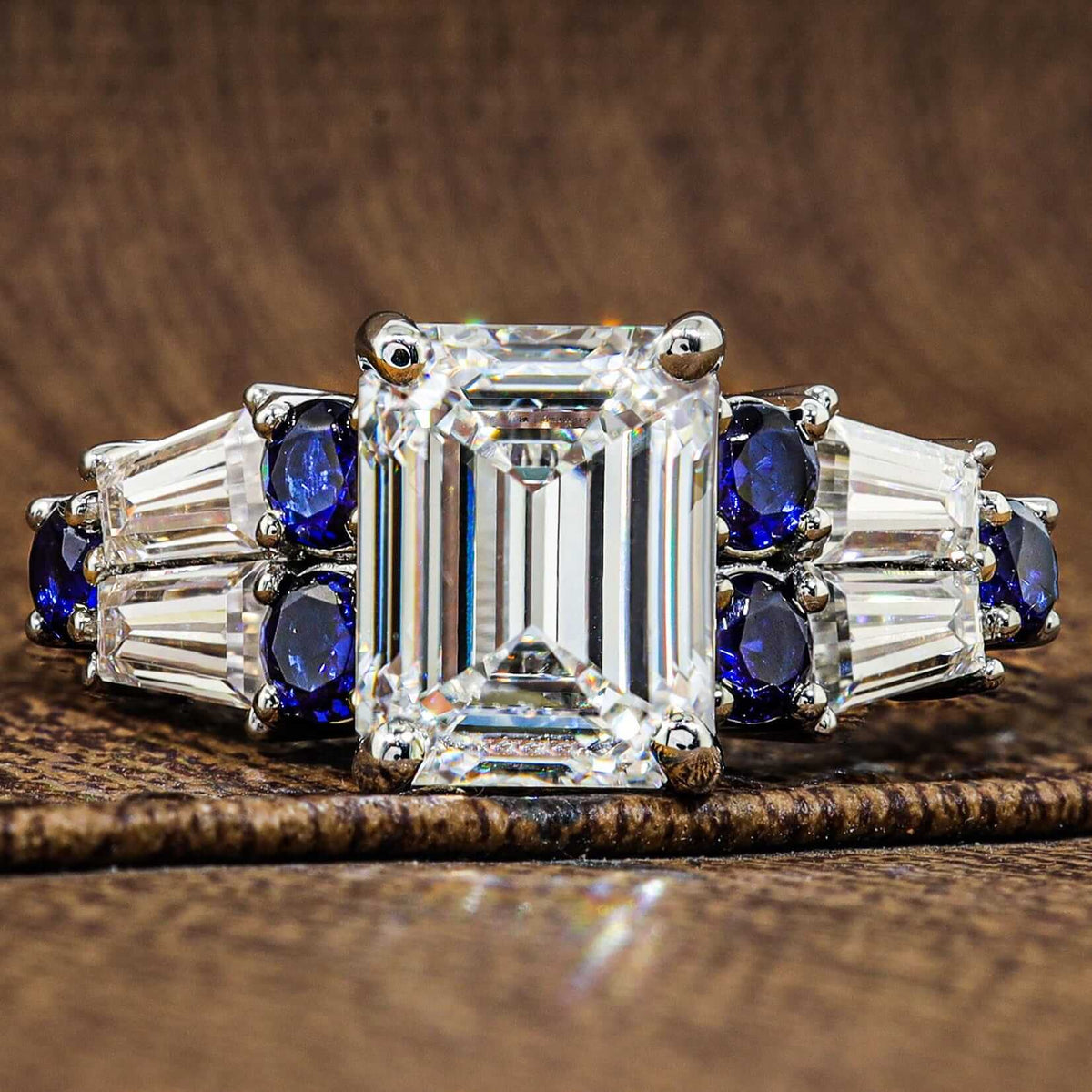 Vintage Emerald & Round Cut White & Blue Sapphire Engagement Ring