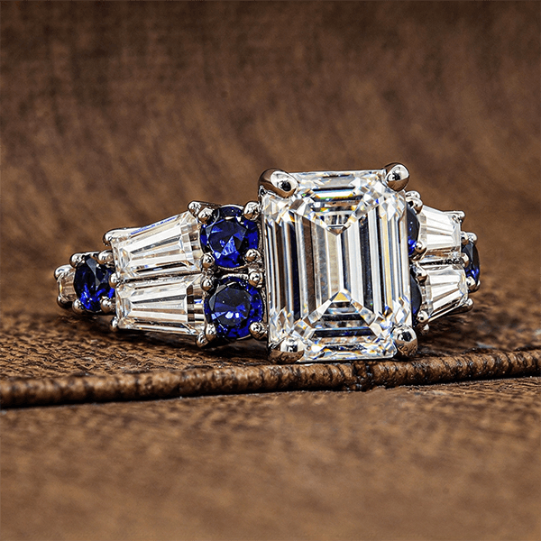 Vintage Emerald & Round Cut White & Blue Sapphire Engagement Ring