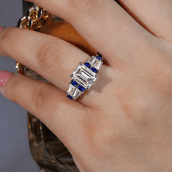 Vintage Emerald & Round Cut White & Blue Sapphire Engagement Ring
