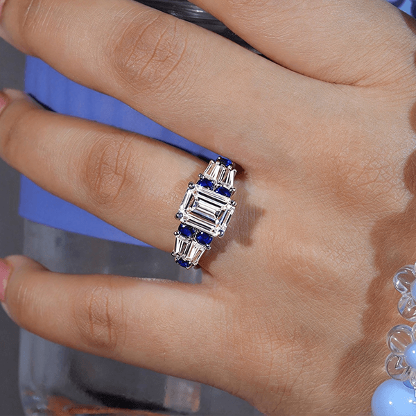 Vintage Emerald & Round Cut White & Blue Sapphire Engagement Ring