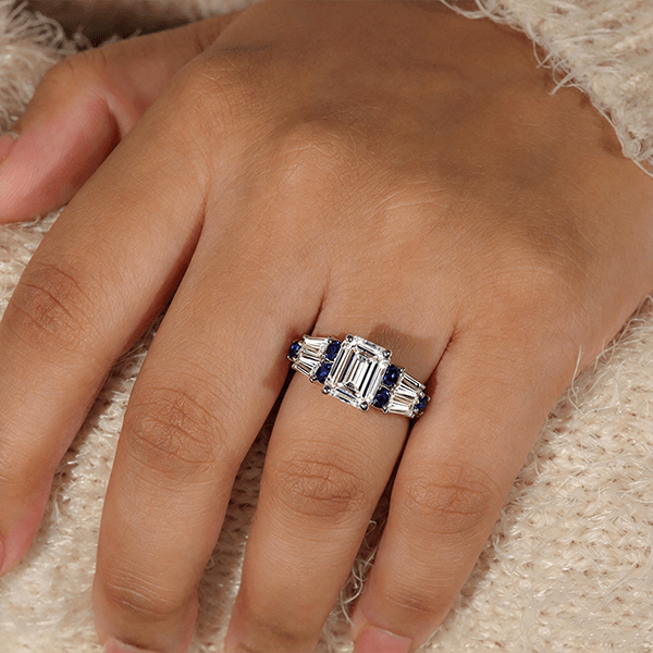 Vintage Emerald & Round Cut White & Blue Sapphire Engagement Ring