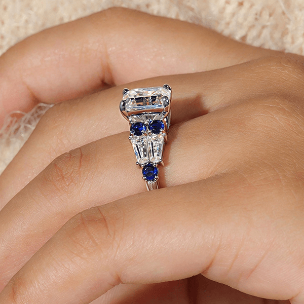 Vintage Emerald & Round Cut White & Blue Sapphire Engagement Ring