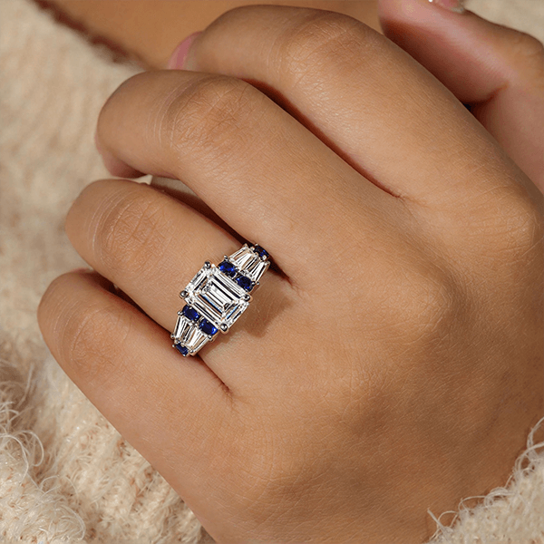 Vintage Emerald & Round Cut White & Blue Sapphire Engagement Ring