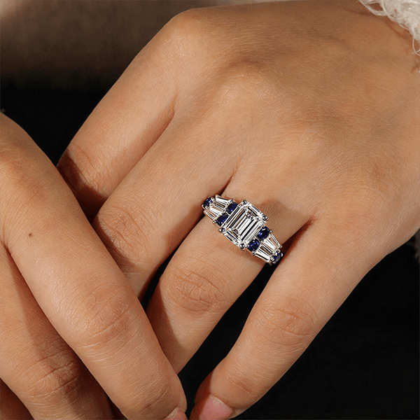 Vintage Emerald & Round Cut White & Blue Sapphire Engagement Ring
