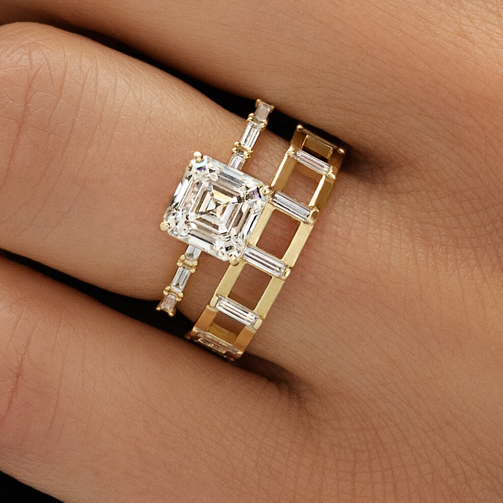 Luxury Jewelry Yellow Gold Asscher & Baguette Cut White Sapphire Engagement Ring