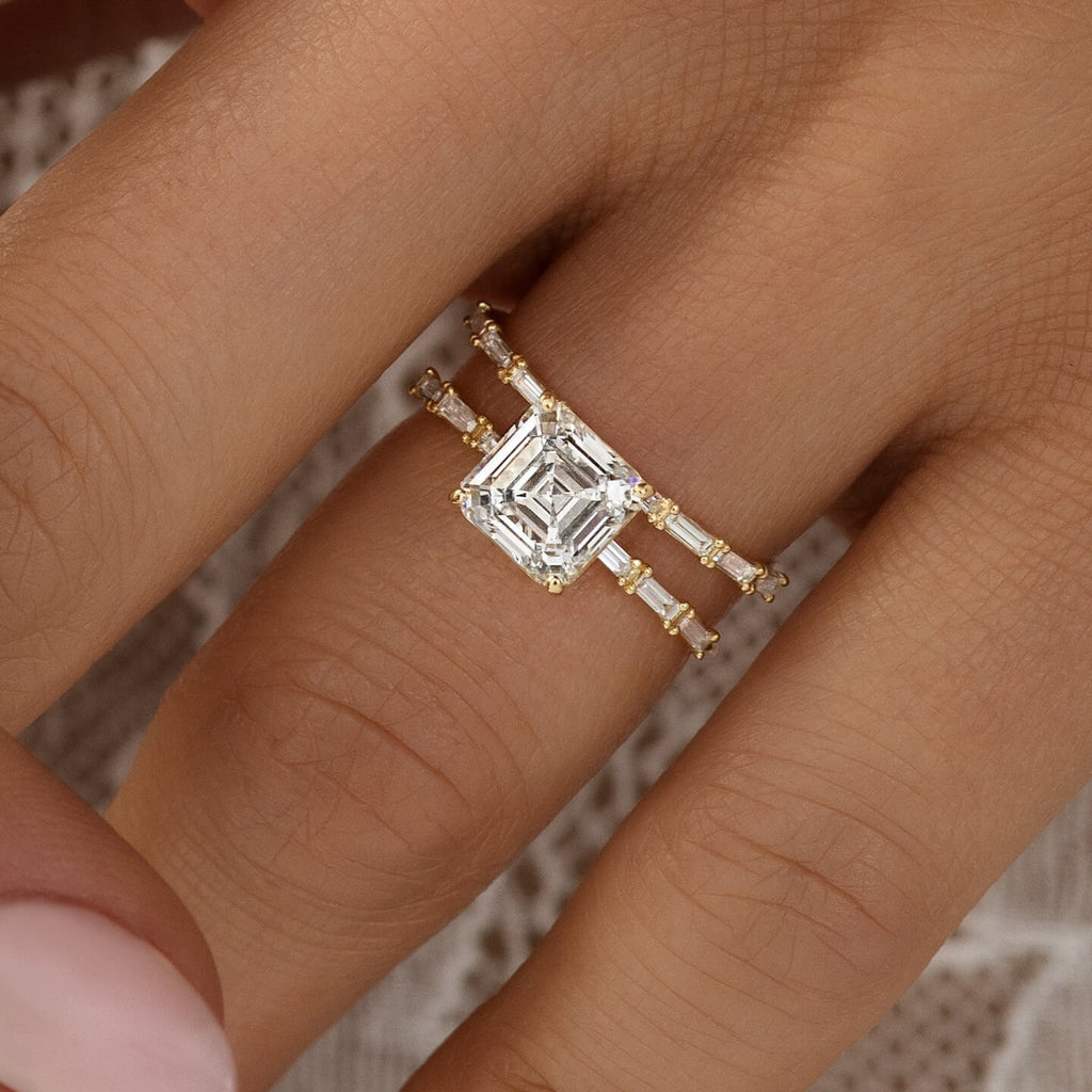 Luxury Jewelry Yellow Gold Asscher & Baguette Cut White Sapphire Engagement Ring