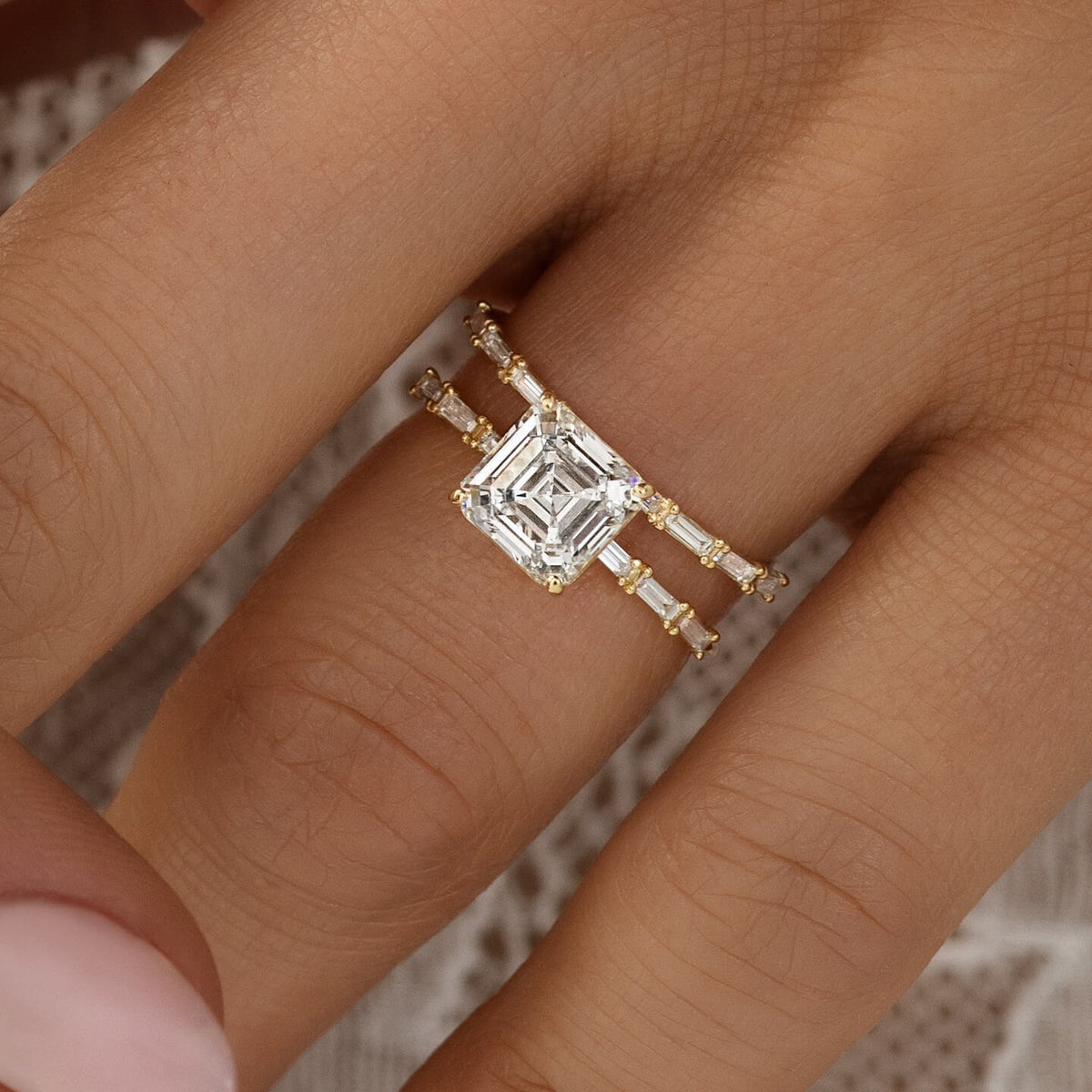 Luxury Jewelry Yellow Gold Asscher & Baguette Cut White Sapphire Engagement Ring