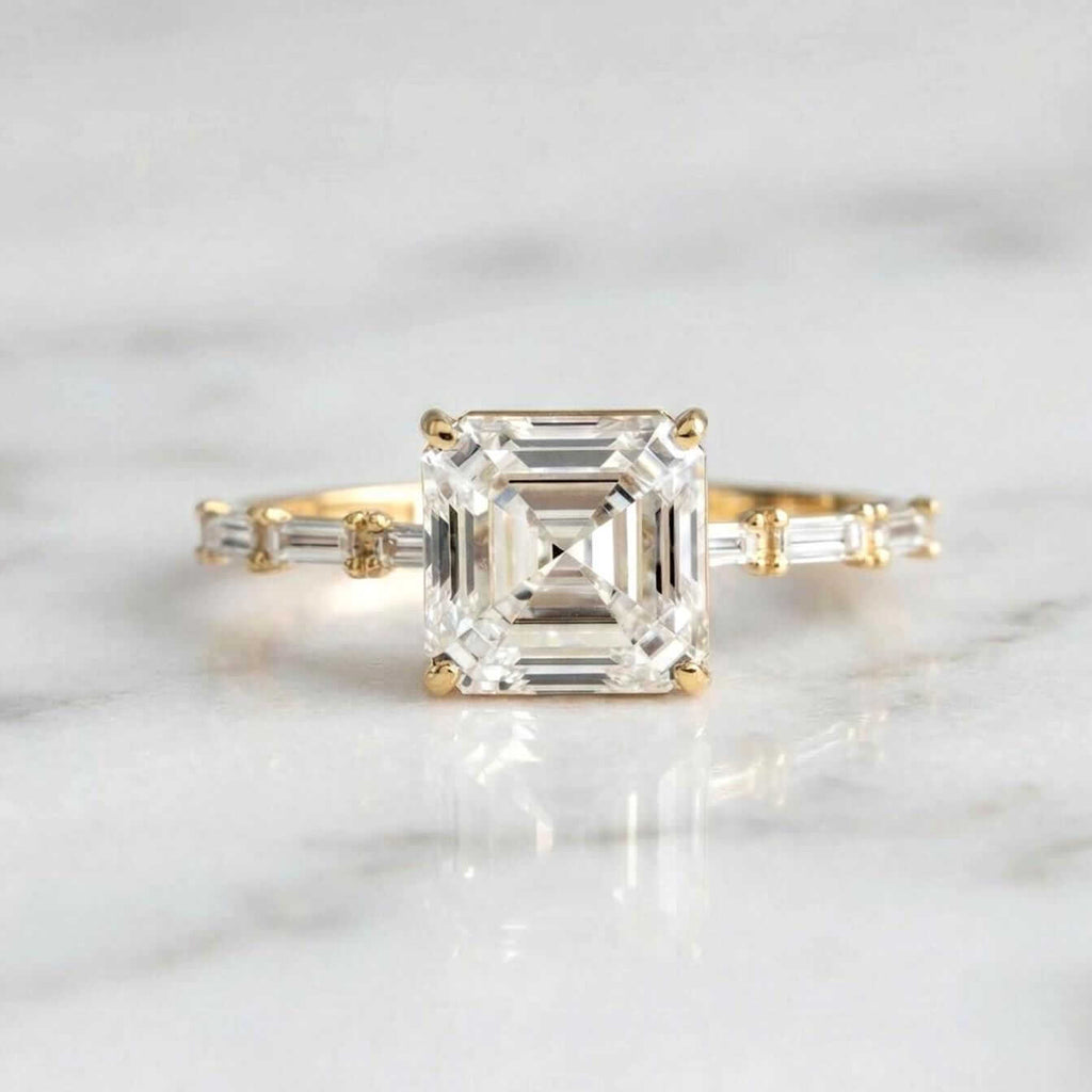 Luxury Jewelry Yellow Gold Asscher & Baguette Cut White Sapphire Engagement Ring
