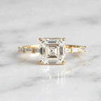 Luxury Jewelry Yellow Gold Asscher & Baguette Cut White Sapphire Engagement Ring