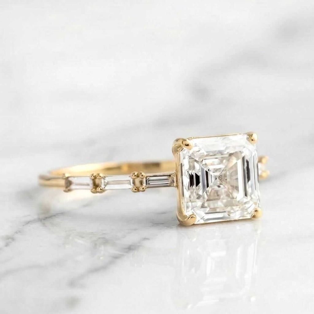 Luxury Jewelry Yellow Gold Asscher & Baguette Cut White Sapphire Engagement Ring