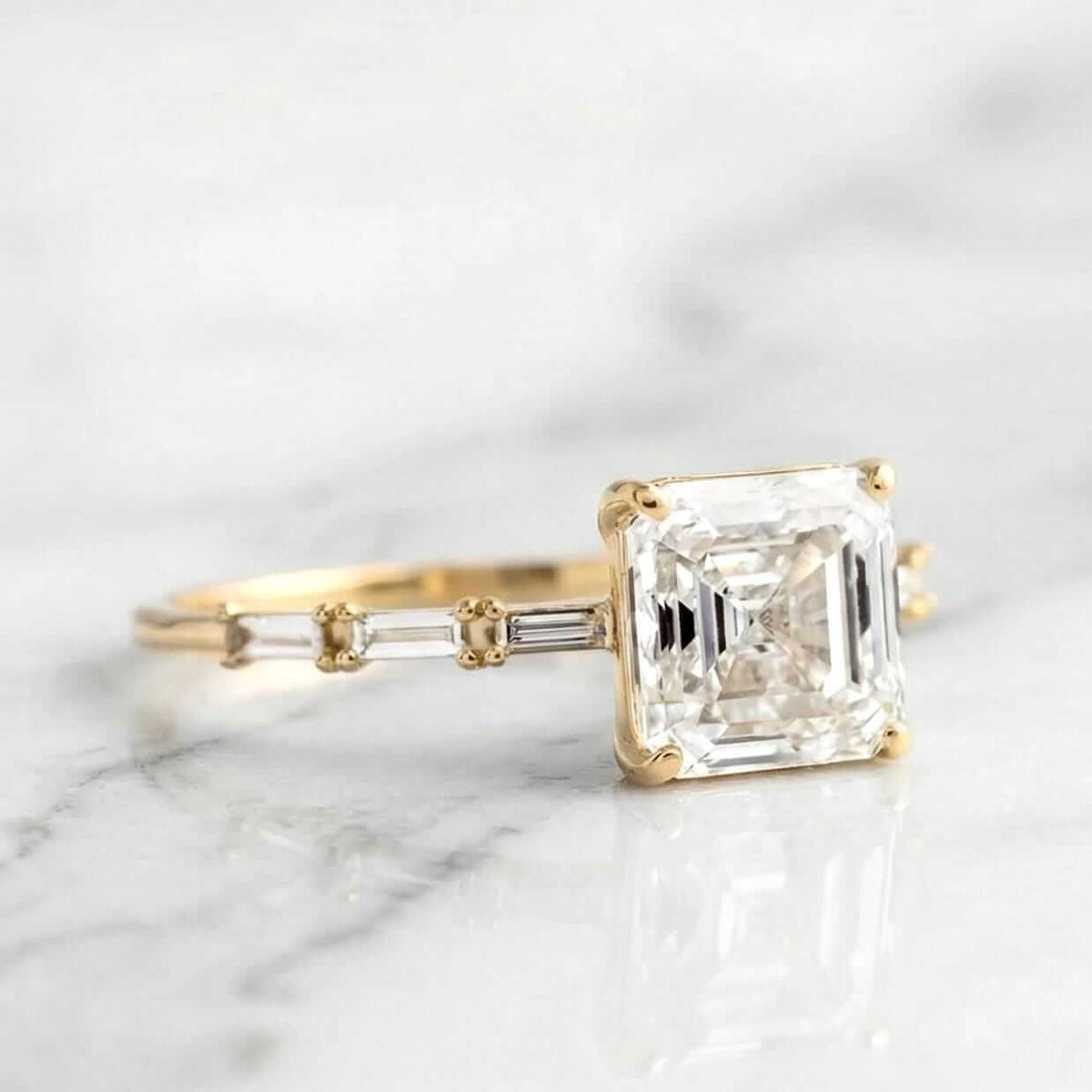 Luxury Jewelry Yellow Gold Asscher & Baguette Cut White Sapphire Engagement Ring