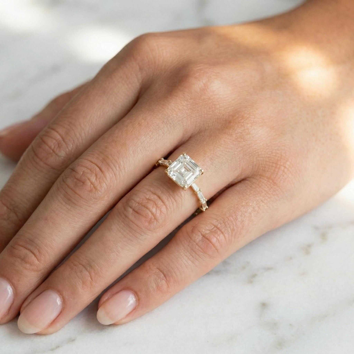 Luxury Jewelry Yellow Gold Asscher & Baguette Cut White Sapphire Engagement Ring