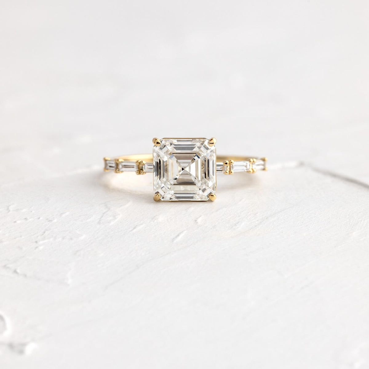 Luxury Jewelry Yellow Gold Asscher & Baguette Cut White Sapphire Engagement Ring