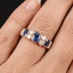 Vintage Yellow Gold Bezel Oval Cut Blue Sapphire Half Eternity Wedding Band For Women