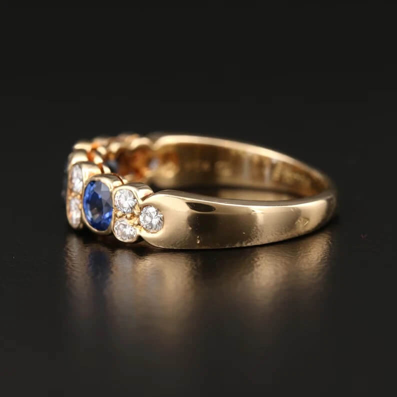 Vintage Yellow Gold Bezel Oval Cut Blue Sapphire Half Eternity Wedding Band For Women