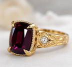 Vintage Three Stone Yellow Gold Cushion Cut Garnet Sapphire Engagement Ring
