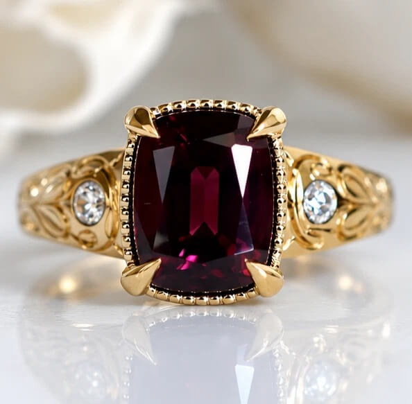 Vintage Three Stone Yellow Gold Cushion Cut Garnet Sapphire Engagement Ring