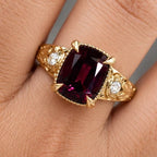 Vintage Three Stone Yellow Gold Cushion Cut Garnet Sapphire Engagement Ring