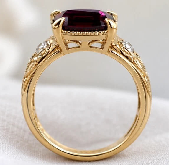 Vintage Three Stone Yellow Gold Cushion Cut Garnet Sapphire Engagement Ring