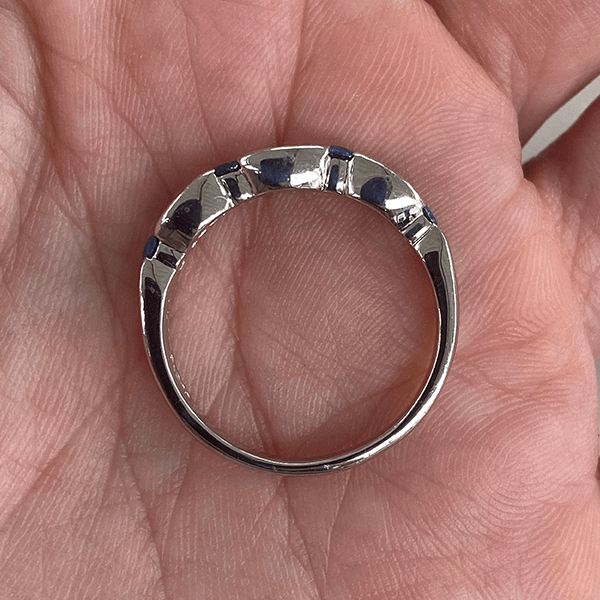 Vintage Baguette & Round Cut White & Blue Sapphire Half Eternity Wedding Band For Women