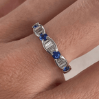 Vintage Baguette & Round Cut White & Blue Sapphire Half Eternity Wedding Band For Women