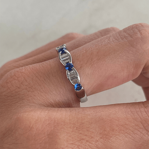 Vintage Baguette & Round Cut White & Blue Sapphire Half Eternity Wedding Band For Women