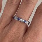 Vintage Baguette & Round Cut White & Blue Sapphire Half Eternity Wedding Band For Women