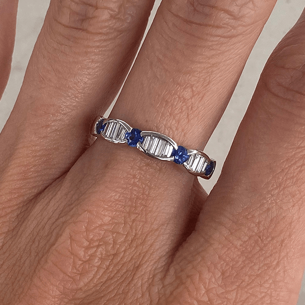 Vintage Baguette & Round Cut White & Blue Sapphire Half Eternity Wedding Band For Women