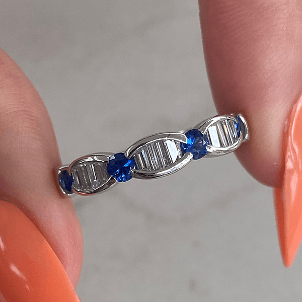 Vintage Baguette & Round Cut White & Blue Sapphire Half Eternity Wedding Band For Women