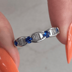 Vintage Baguette & Round Cut White & Blue Sapphire Half Eternity Wedding Band For Women
