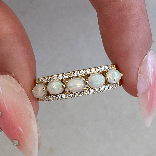 Luxury Jewelry Multi Row Yellow Gold Oval Cut Opal & White Sapphire Half Eternity Wedding Band For Women