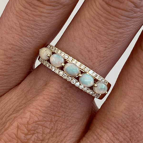Luxury Jewelry Multi Row Yellow Gold Oval Cut Opal & White Sapphire Half Eternity Wedding Band For Women