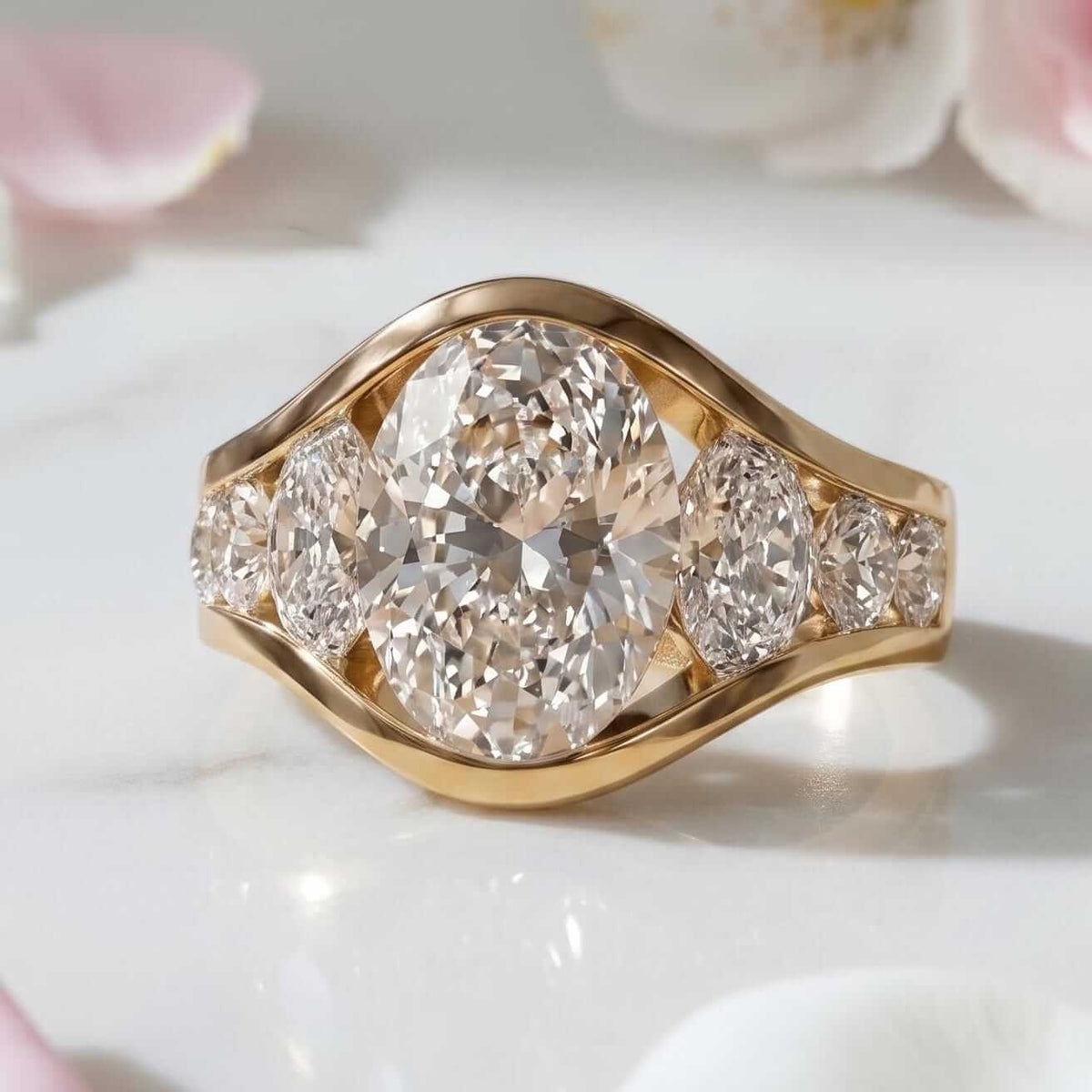 Luxury Jewelry Yellow Gold Channel Setting Oval Cut White Sapphire Engagement Ring