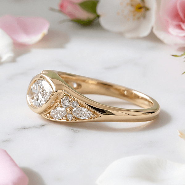 Unique Design Yellow Gold Bezel Marquise Cut White Sapphire Cocktail Ring For Women